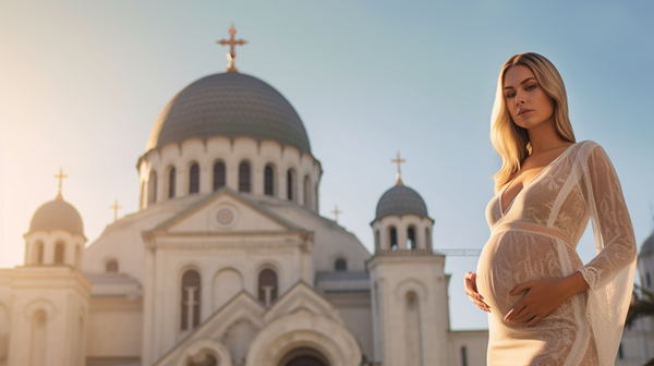 [The Ultimate International Babymoon Destinations for 2023] - [Pregnant woman on her babymoon watching the sunset over the iconic white buildings of Santorini, Greece.]