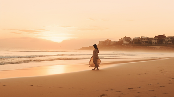 [The Ultimate International Babymoon Destinations for 2023] - [A pregnant woman walking along Bondi Beach at sunrise on her honeymoon]