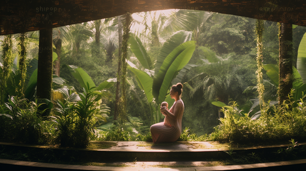 [The Ultimate International Babymoon Destinations for 2023] - [Pregnant woman on her babymoon practicing prenatal yoga in a serene setting in Ubud, Bali.]