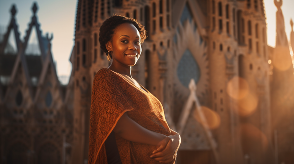 [The Ultimate International Babymoon Destinations for 2023] - [Pregnant woman on her babymoon standing in front of the iconic Sagrada Familia in Barcelona, Spain.]