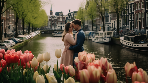 [The Ultimate International Babymoon Destinations for 2023] - [A couple standind by a romanitc canal in Amsterdam, framed by historic buildings and blooming tulips for thier babymoon]