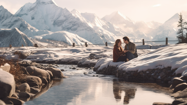 [The Ultimate International Babymoon Destinations for 2023] - [A couple enjoying a serene moment on their babymoon in a natural hot spring surrounded by snow-covered mountains in Banff, Canada.]