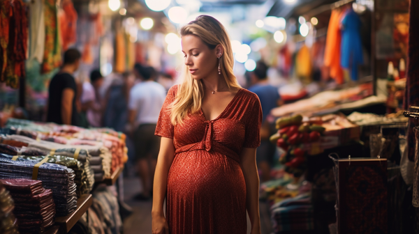 [The Ultimate International Babymoon Destinations for 2023] - [Pregnant woman on her babymoon exploring the vibrant Chatuchak Weekend Market in Bangkok, Thailand.]