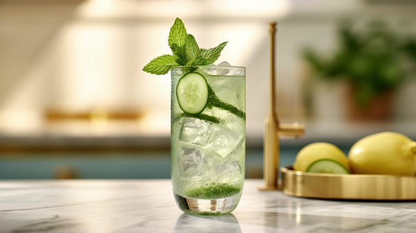 Cucumber Mint Cooler mocktail sitting aesthetically on a marble countertop with it's ingredients beside it.