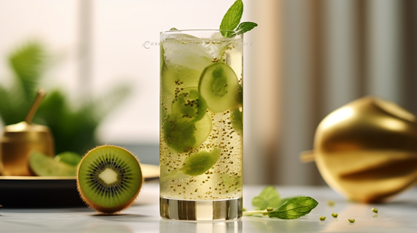 Kiwi Cooler mocktail sitting aesthetically on a marble countertop with it's ingredients beside it