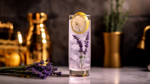 Lemon Lavander Spritzer mocktail sitting aesthetically on a marble countertop with it's ingredients beside it.