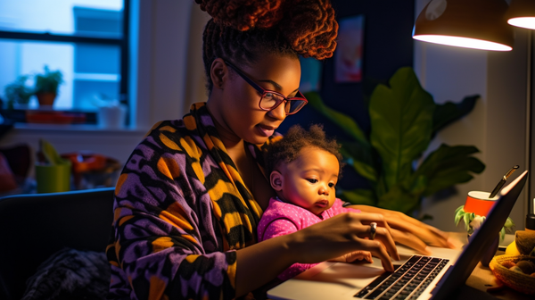 Mom multitasking with a baby in one arm and a laptop in the other