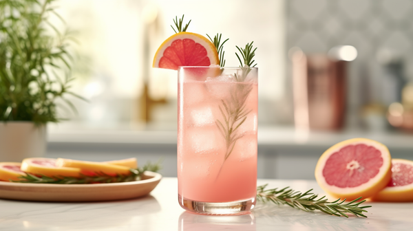 Rosemary Grapefruit Fizz mocktail sitting aesthetically on a marble countertop with it's ingredients beside it.