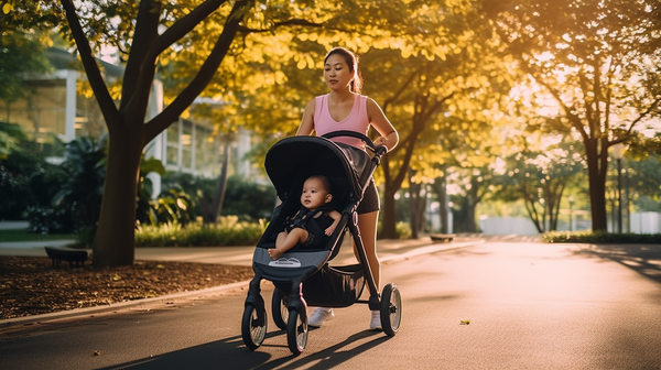 asian mom sneaking a workout in by jogging with stroller