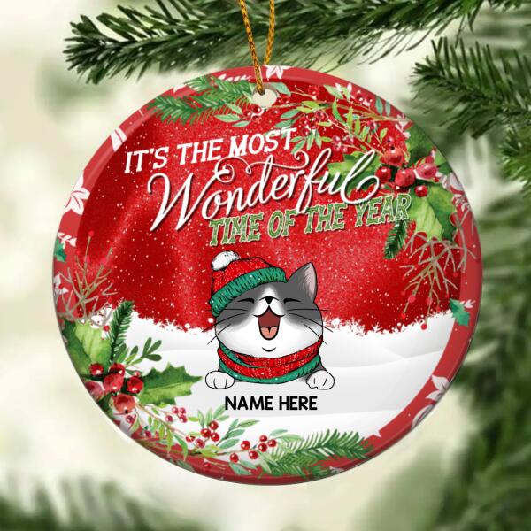 Personalised Most Wonderful Time Custom Color V3 Circle Ceramic Ornament - Personalized Cat Lovers Christmas Ornament