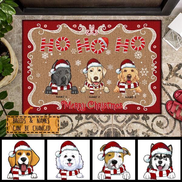 Christmas Personalized Doormat, Gifts For Dog Lovers, Ho Ho Ho Merry Christmas Santa's Hat And Scarf Holiday Doormat