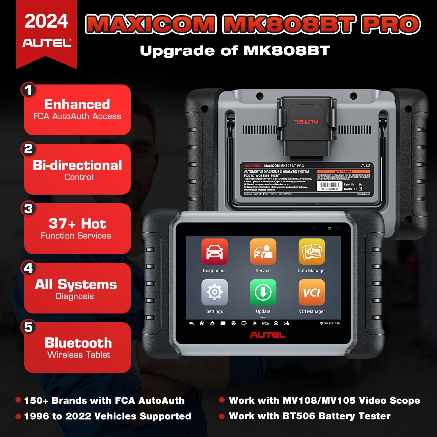 2024 Autel MaxiCOM MK808BT PRO (Autel MK808Z-BT) With Free Autel BT506  Support Active Test and Battery Testing Functions