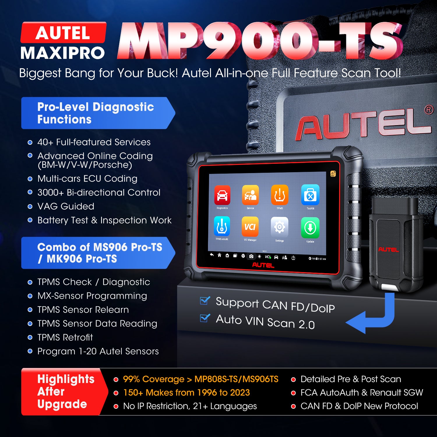 Autel MaxiPRO MP808BT PRO KIT Scanner, 2024 Upgrade of MS906BT MP808S, 2  Years Updates ($700), ($200) Full 11 Adapters, OE ECU Coding,  Bi-Directional