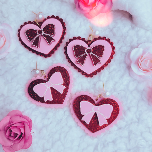 Heart Flower Earrings, Red Heart Earrings