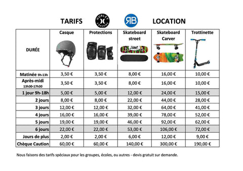 Tarifs de location casque, protection, skateboard, carver et trottinette à Ridinbox