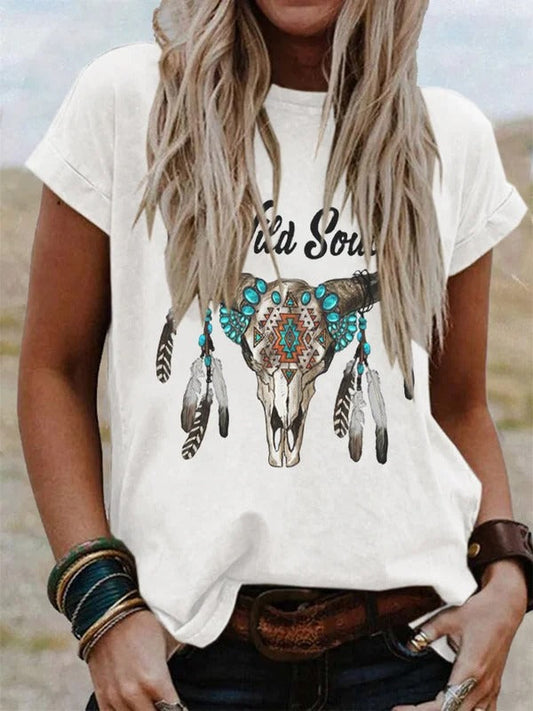 Feather Print Crew Neck Casual T-Shirt
