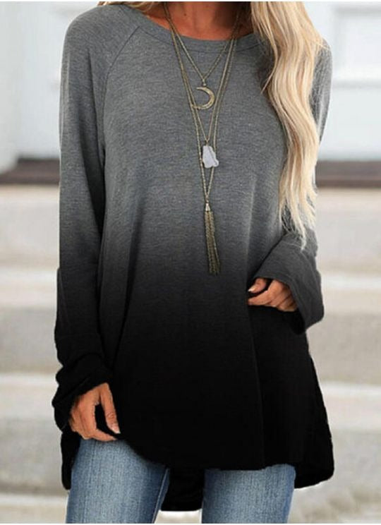 Women Long Loose Batwing Sleeve Asymmetric Hem Gradient Tunic Sweatshirt