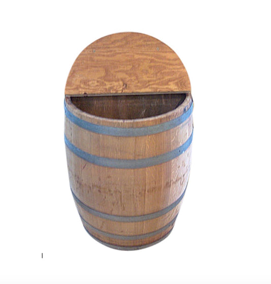 Rustic 59-60 Gallon Wine Barrel Hinged Lid Trash Can – Evans Family Barrels