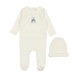 Lil Legs Embroidered Footie and Beanie Set - White Bear - Moonlight