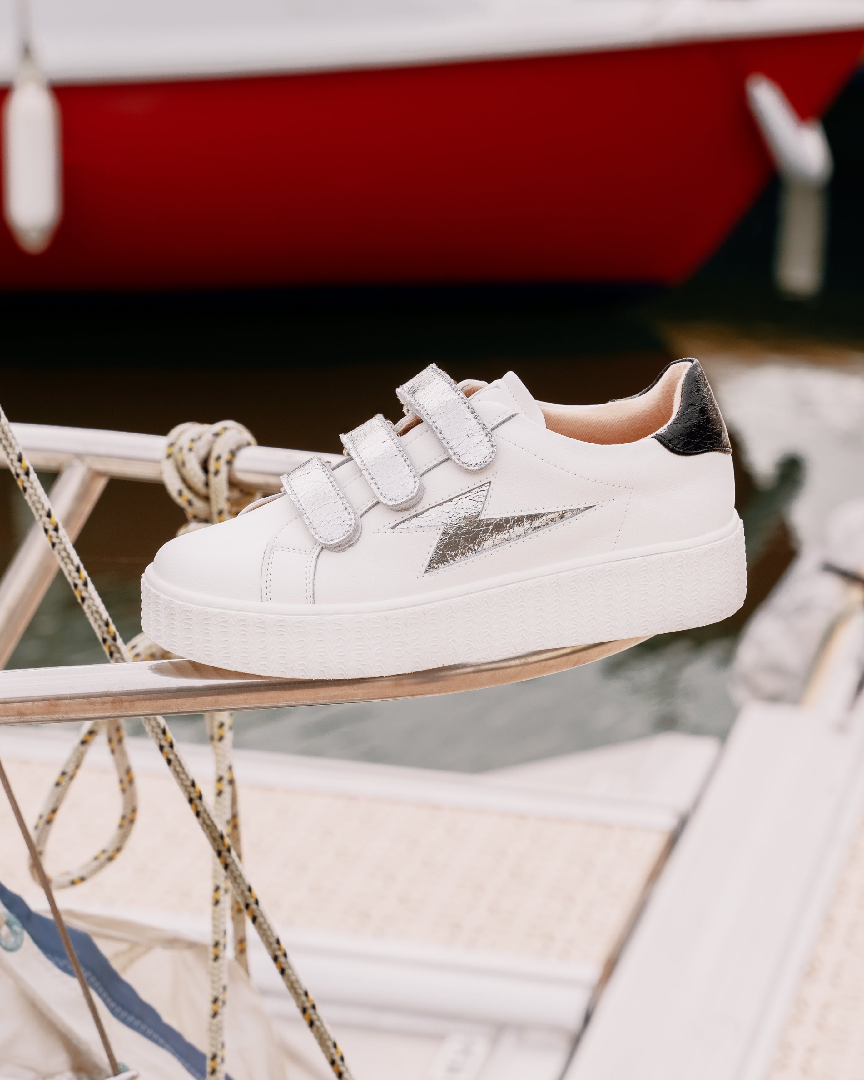 White and silver Marilou storm sneakers with velcro Vanessa Wu.