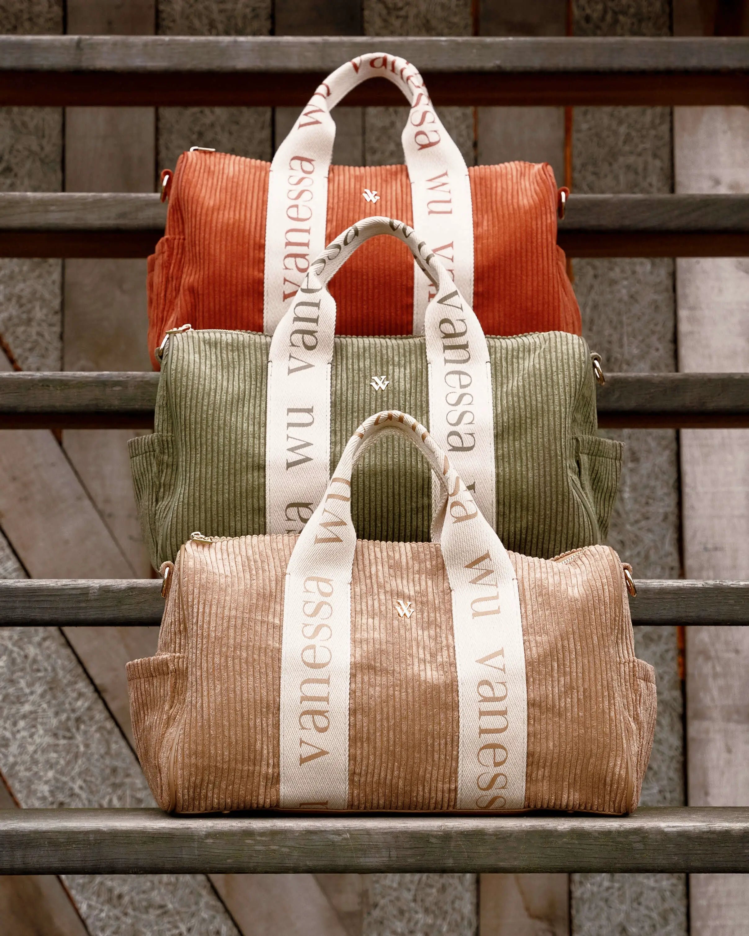 Three Adrienne corduroy weekend bags from Vanessa Wu, in beige, brick and khaki