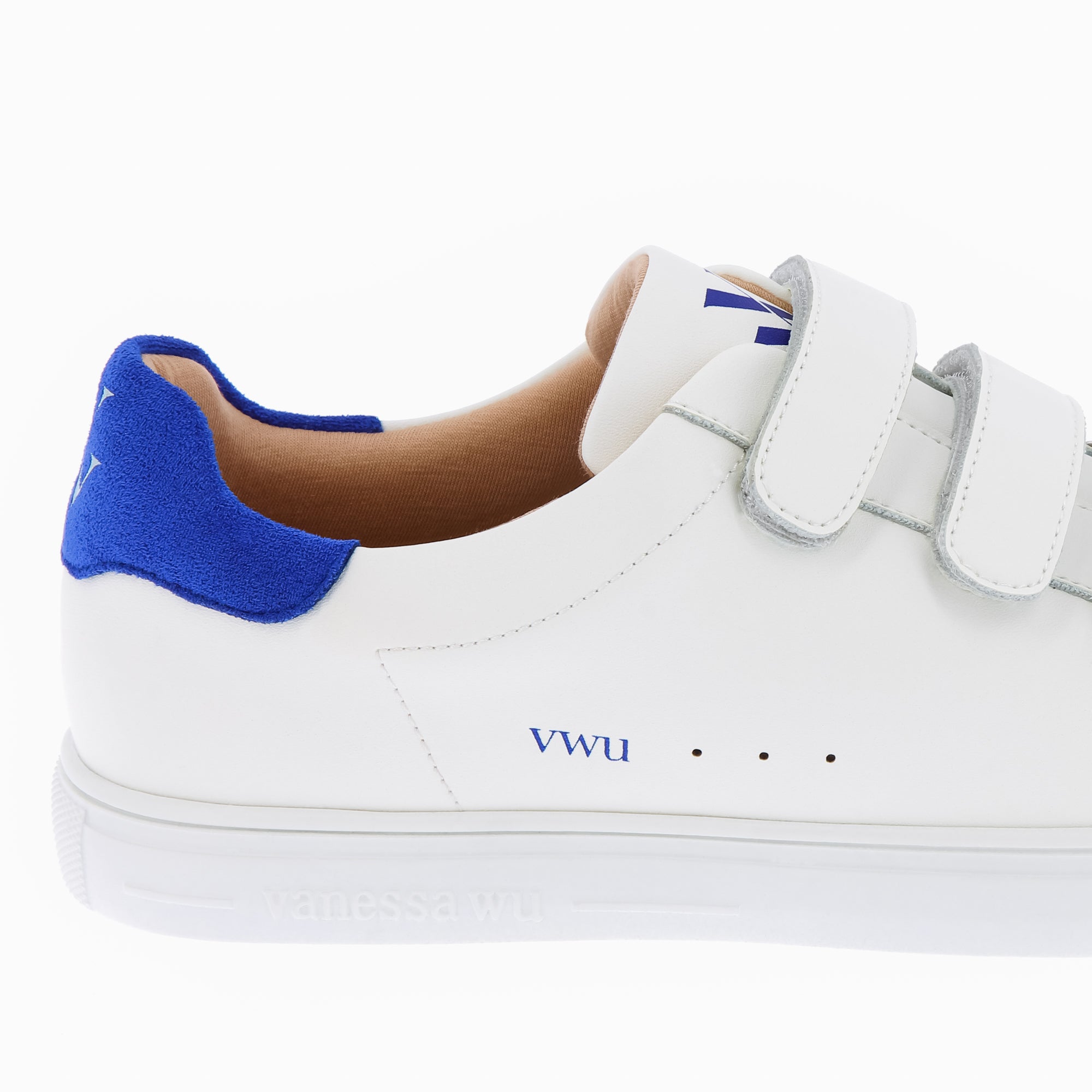 White and blue Nour sneakers with velcro • Vanessa Wu