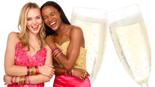 Two Models Wearing Pink and Gold Dresses and BuDhaGirl All Weather Bangle Bracelets | BuDhaGirl Sparkling Wines 