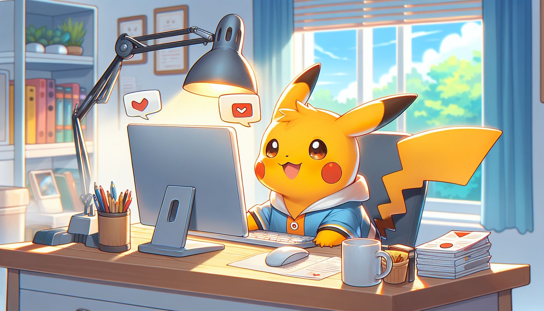 Pikachu at a desk responding to emails