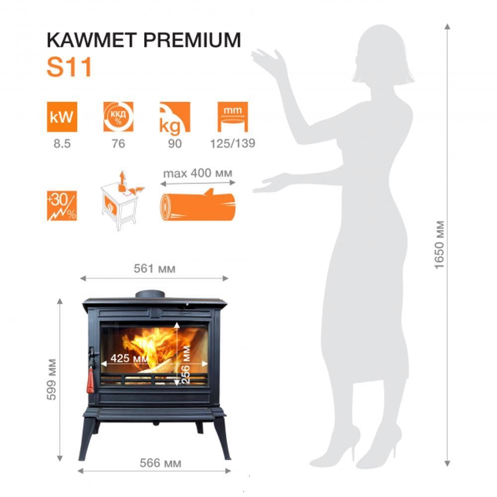 Sobă de fontă KAWMET S11, putere termică 8.5 kW, schiță tehnică