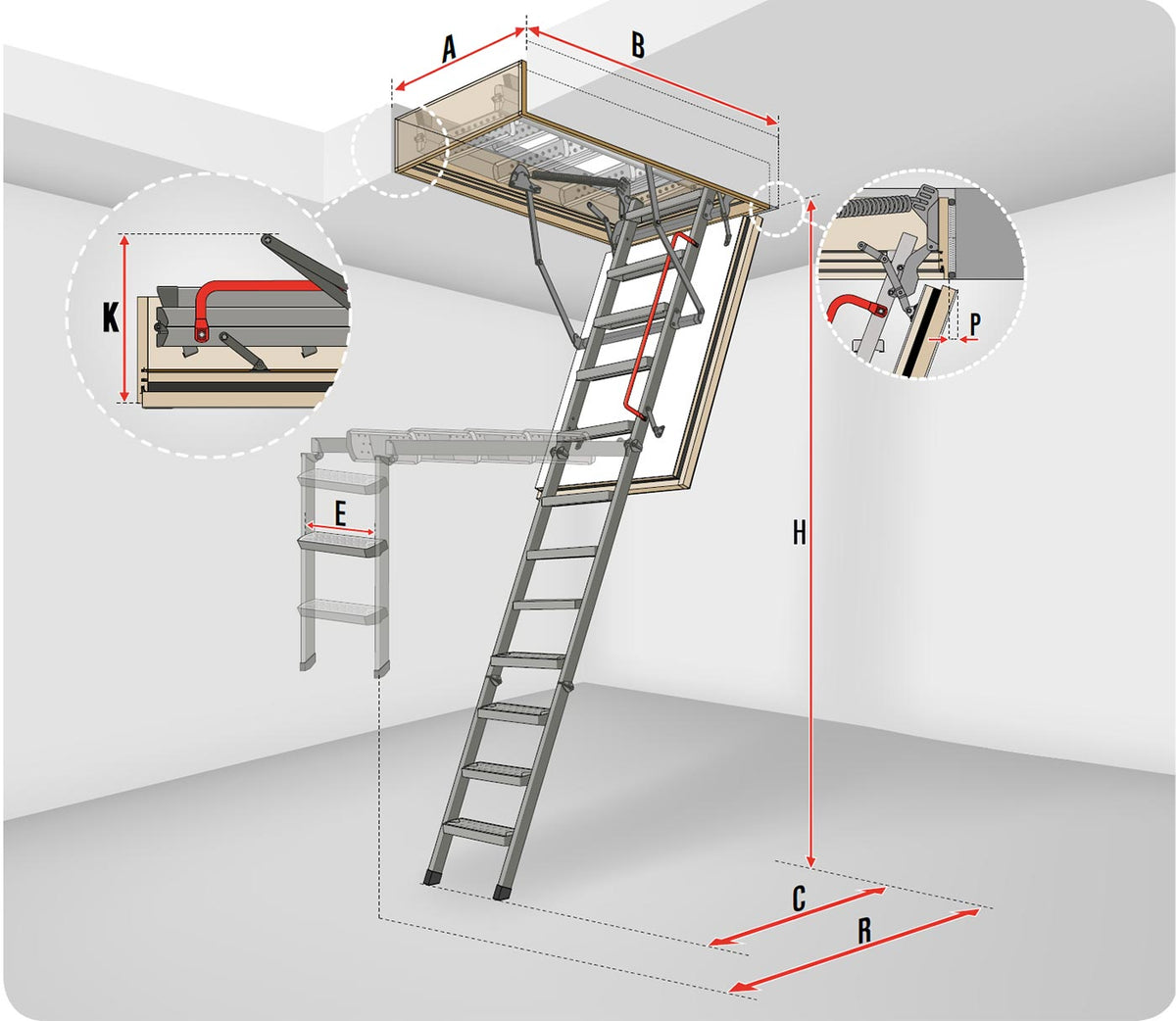 Scări de acces la pod modulare FAKRO LMP Premium 3 Module schiță tehnică