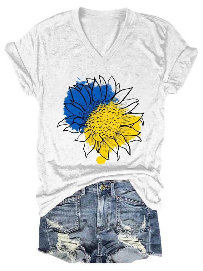 Women's Sunflower Peace I Stand With UKR Flag V-Neck T-Shirt
