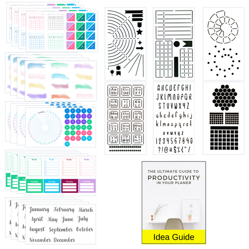 Weekly Planner Layout Journaling Supplies Kit (18 Stencils & 14 Sticker Sheets) - Colorful