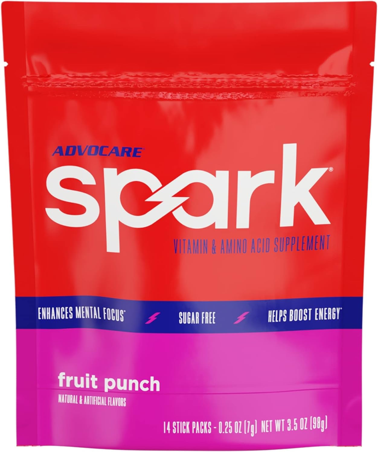 Spark Vitamin & Amino Acid Supplement - Focus & Energy Drink Powder Mix with Vitamin A, B-6, C & E - Also Includes L-Carnitine & L-Tyrosine - Fruit Punch, 14 Stick Packs