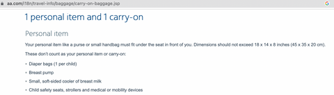 American Airlines diaper bag policy
