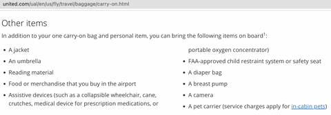 United Airlines diaper bag policy