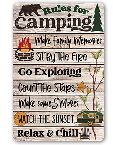 Rules for Camping - Unique Camping Accessories, Camper RV Outdoor Decor, Glamping Campsite Relax and Chill Sign, Great Gift for Campers, Wood Style Look 8x12 Use Indoor or Outdoor Durable Metal Sign