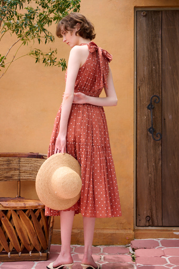 Polka-dot tiered dress -Terracotta-