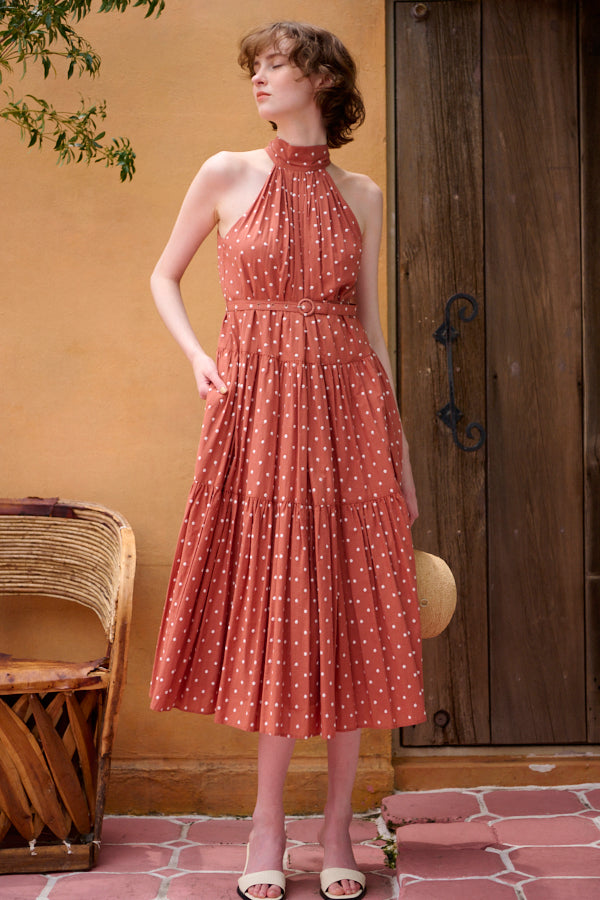 Polka-dot tiered dress -Terracotta-