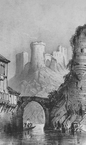 大きなお城と橋が描かれた版画作品