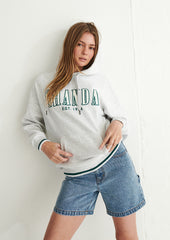 DAZY Quarter Zip Letter Embroidery Drop Shoulder Fleece Sweatshirt