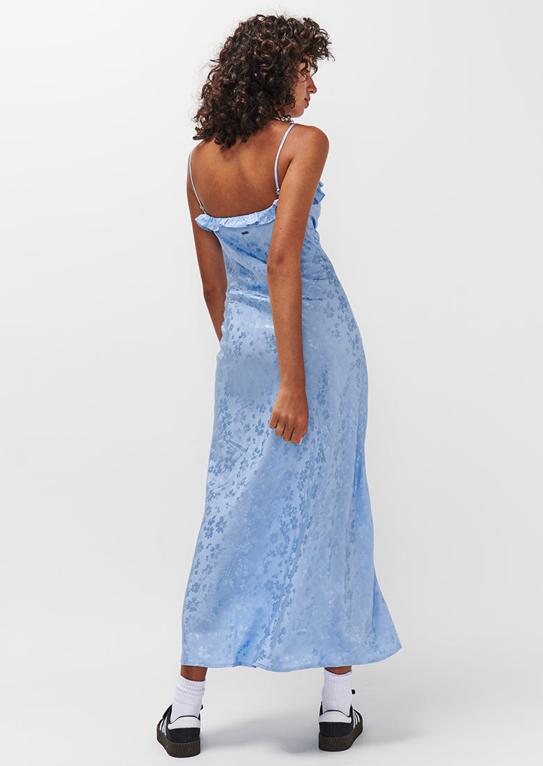Siobhán Satin Ruffle Maxi Dress in Blue