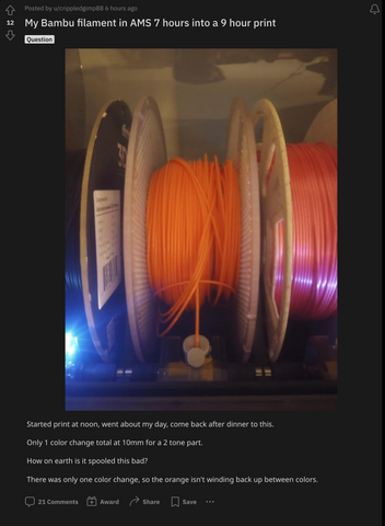 Bambu Basic PLA entangled in AMS