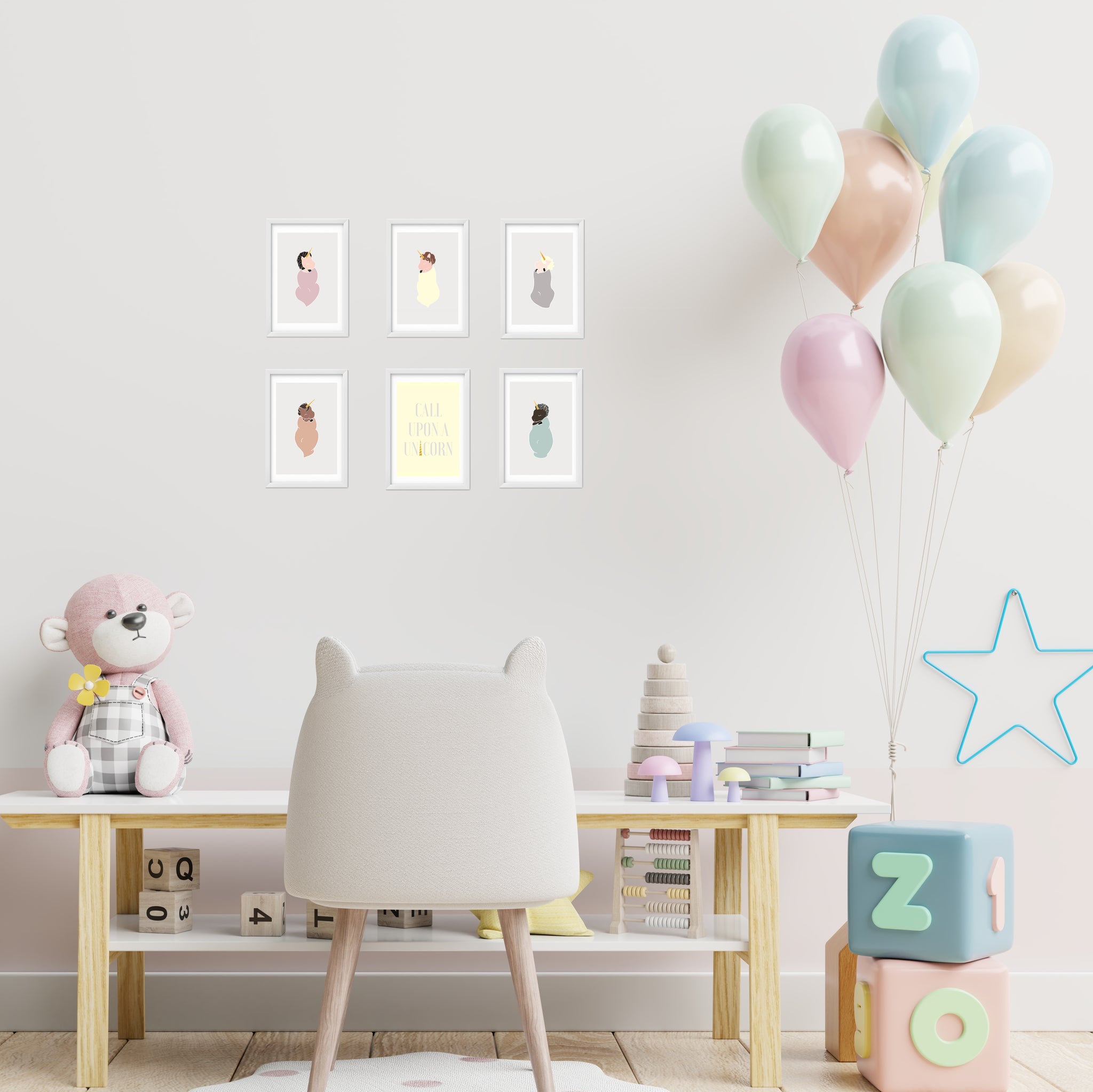 Nursery with framed baby unicorn cards