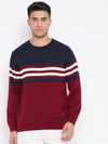 Cantabil Striped Maroon Full Sleeves Round Neck Regular Fit Casual Sweater for Men