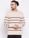Cantabil Striped Beige Full Sleeves Round Neck Regular Fit Casual Sweater for Men
