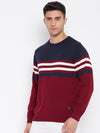 Cantabil Striped Maroon Full Sleeves Round Neck Regular Fit Casual Sweater for Men