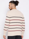 Cantabil Striped Beige Full Sleeves Round Neck Regular Fit Casual Sweater for Men