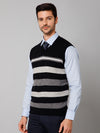 Cantabil Stripe Black Sleeveless V Neck Regular Fit Reversible Casual Sweater for Men