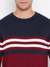 Cantabil Striped Maroon Full Sleeves Round Neck Regular Fit Casual Sweater for Men