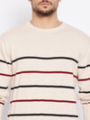 Cantabil Striped Beige Full Sleeves Round Neck Regular Fit Casual Sweater for Men